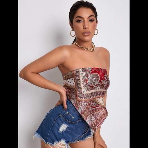 SHEIN Paisley Print Bandana Tube Top SMALL 4 SATIN SCARF RED STRAPLESS FESTIVAL - Picture 3 of 6